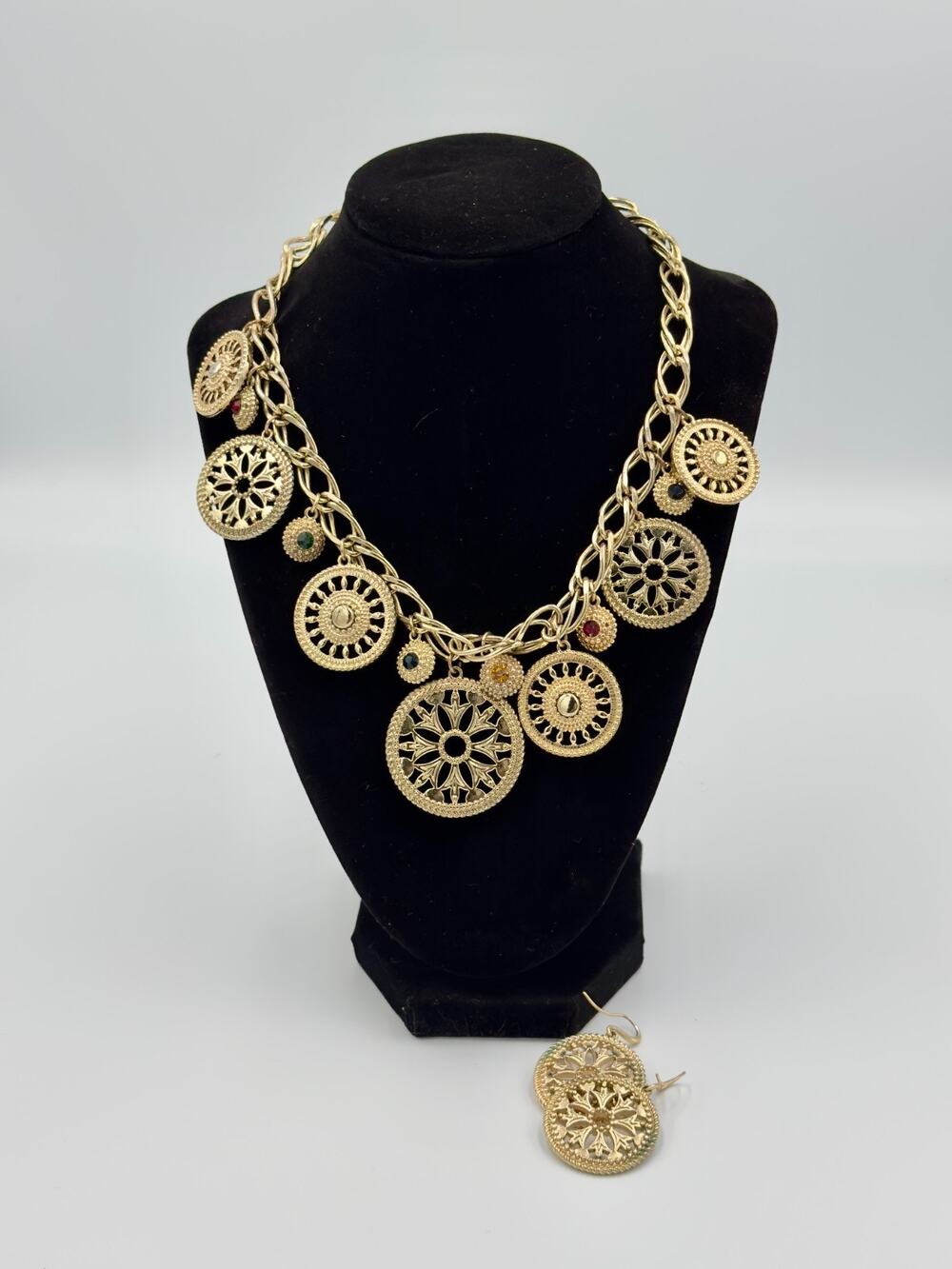 Vintage Boho Gold Tone Chunky Chain Medallion Necklace & Filigree Earrings Set